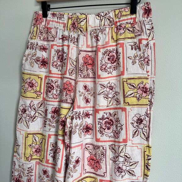 Women's Pants Linen Wide Leg Pink Floral Flowy Pull-on Elastic Waist Eurogirl - Picture 5 of 12